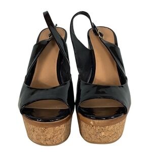 Bakers Black Patent Cork Platform Wedge Sandals Peep Toe Slingback Womens 11M